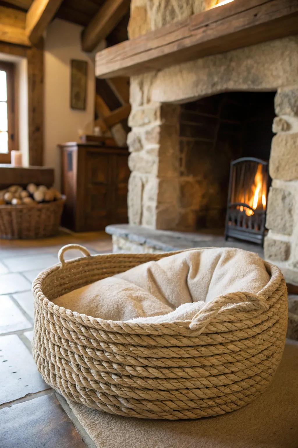 A rope basket makes a stylish and comfortable pet bed.