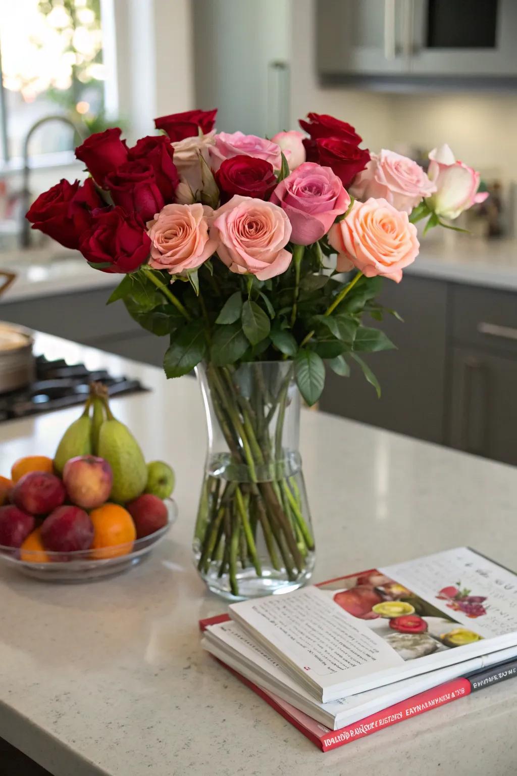 Layered heights add depth to a rose arrangement.