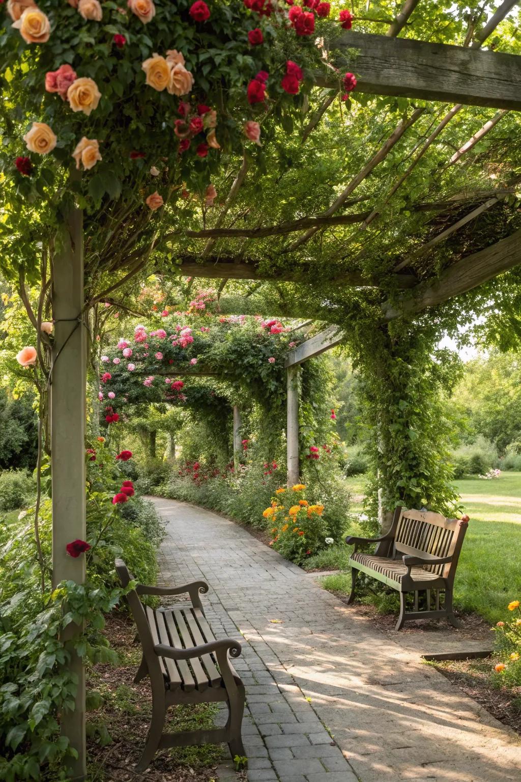 A rose-covered pergola, ideal for shaded relaxation.