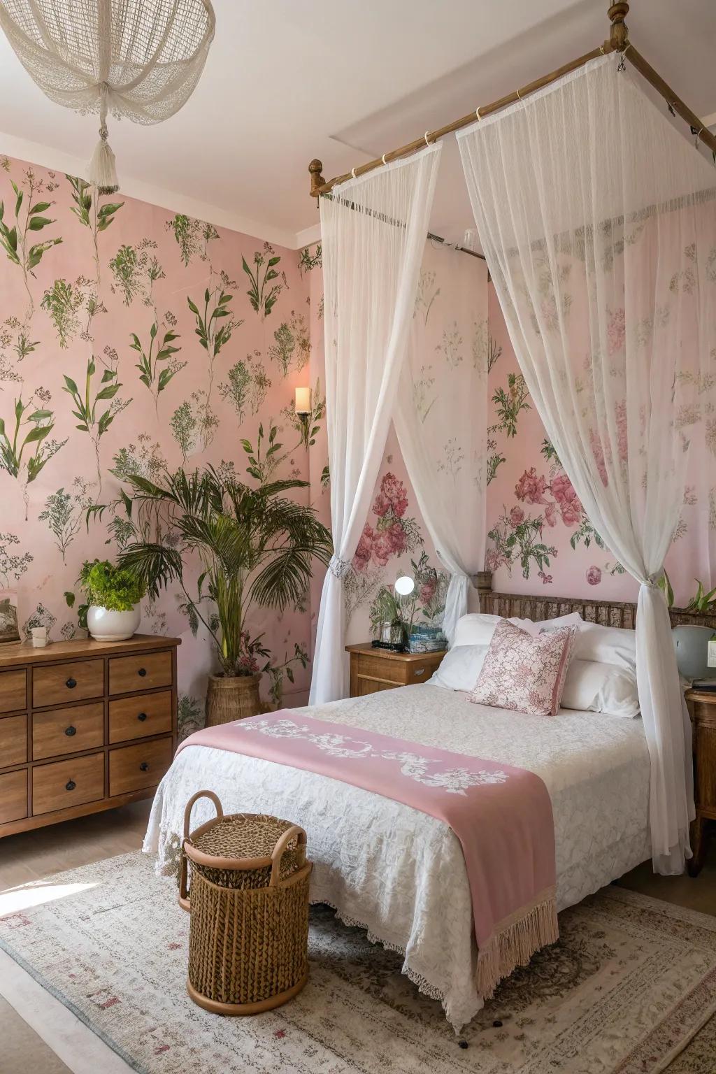 Pink floral wallpaper brings nature indoors.