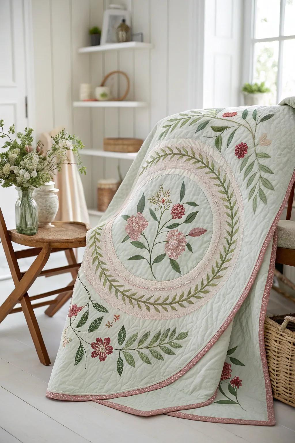 Bring the serene beauty of nature into your home with this stunning nature-inspired quilt border.