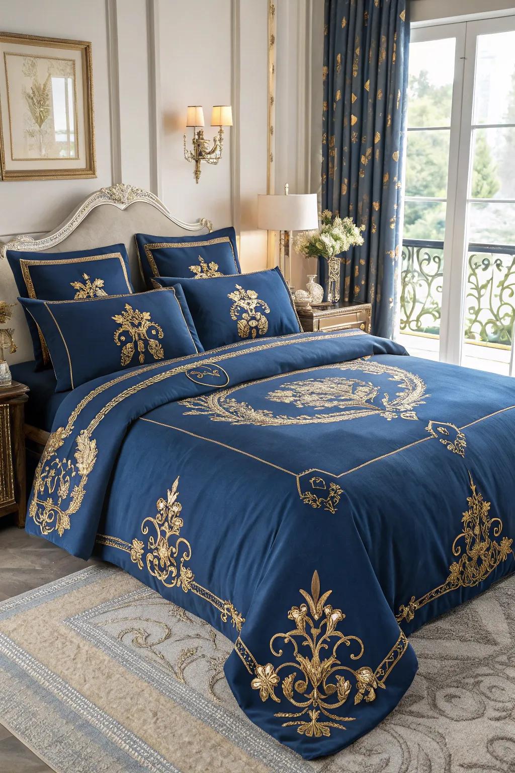 Gold embellishments add a luxurious touch to royal blue bedding.