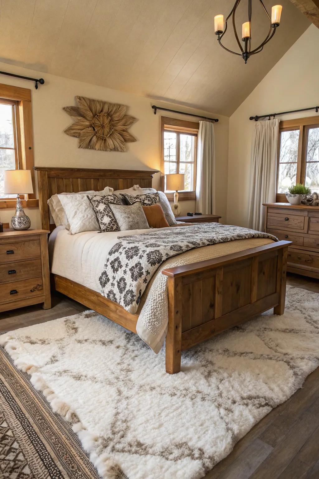 A faux hide rug adds rustic elegance and texture to a cozy bedroom.