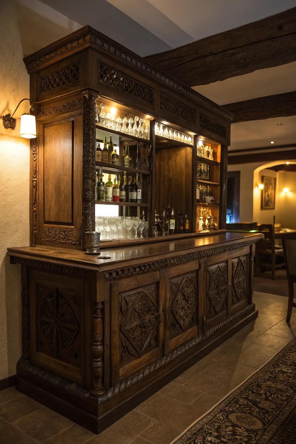 A rustic bar cabinet with built-in lights, perfect for evening ambiance.