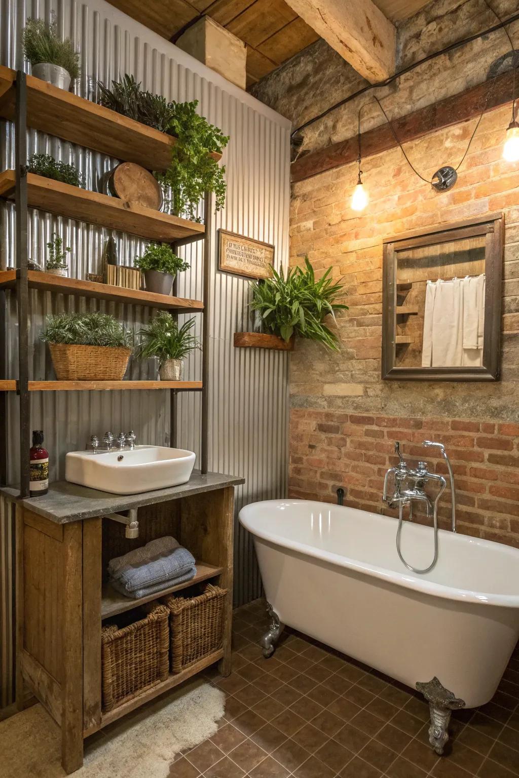 Corrugated metal shelves provide both storage and rustic style in this bathroom.