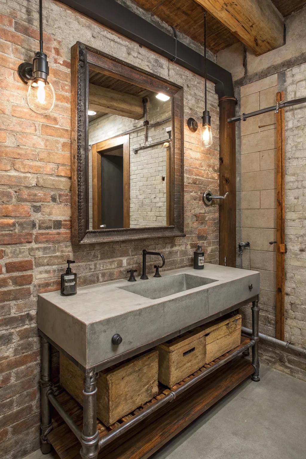 Large mirrors add depth and light to rustic industrial bathrooms.