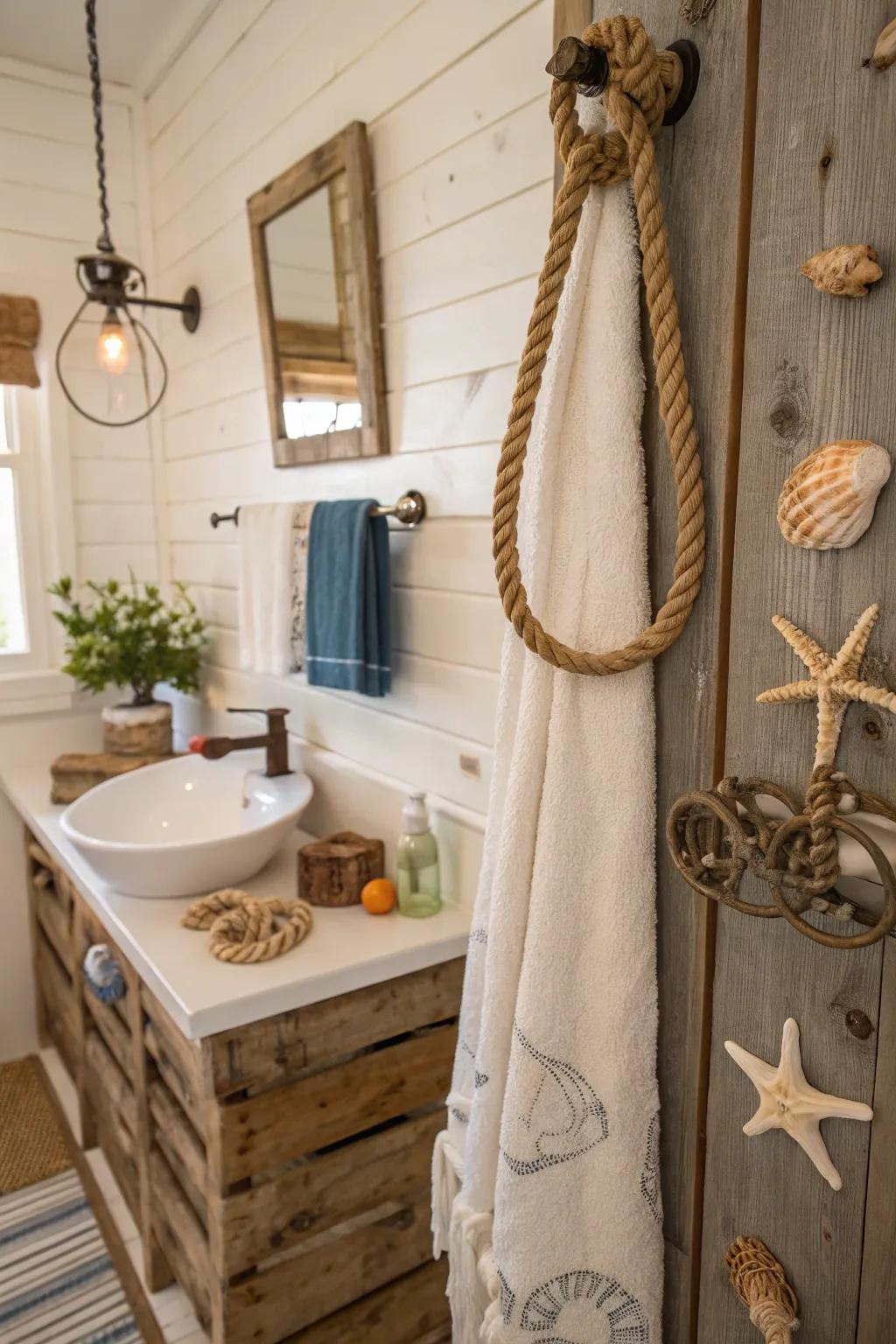 Bring the sea home with a nautical rope towel holder.