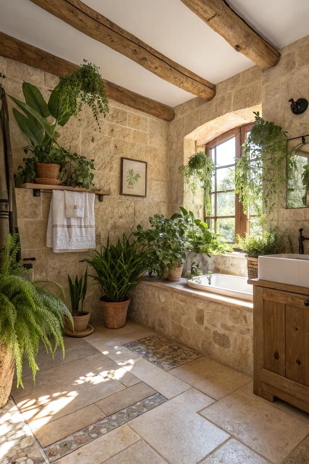 Indoor plants bring a refreshing contrast to the earthy travertine tones.