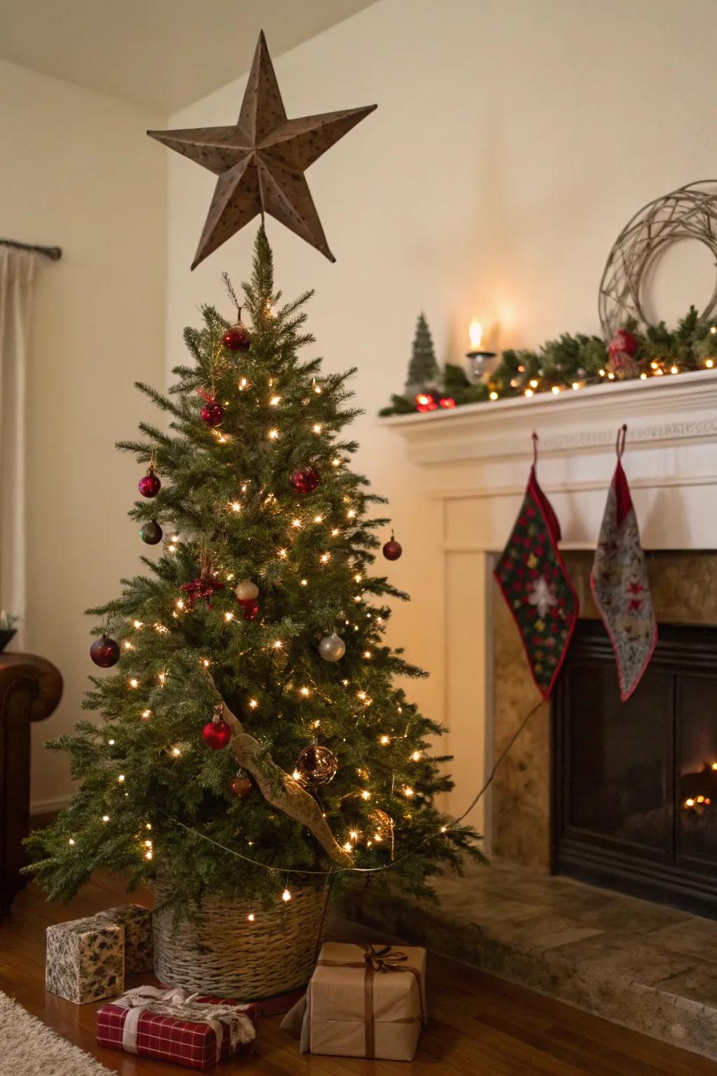 A weathered metal star brings an industrial touch to the rustic Christmas tree.