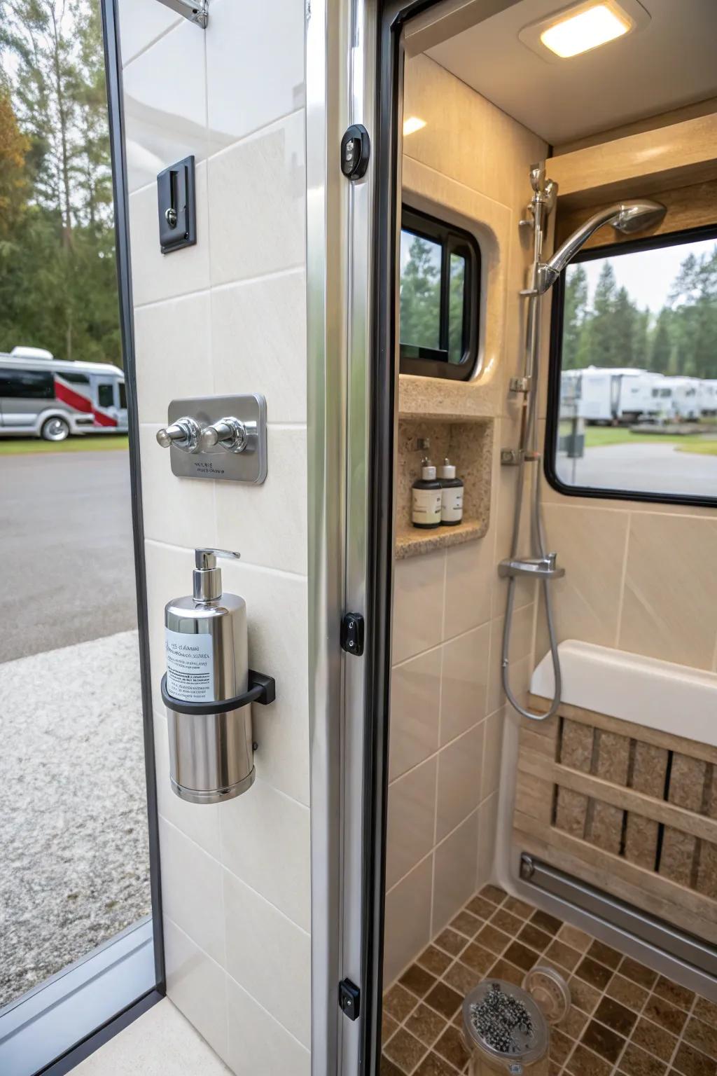 A wall-mounted soap dispenser keeps the shower tidy.