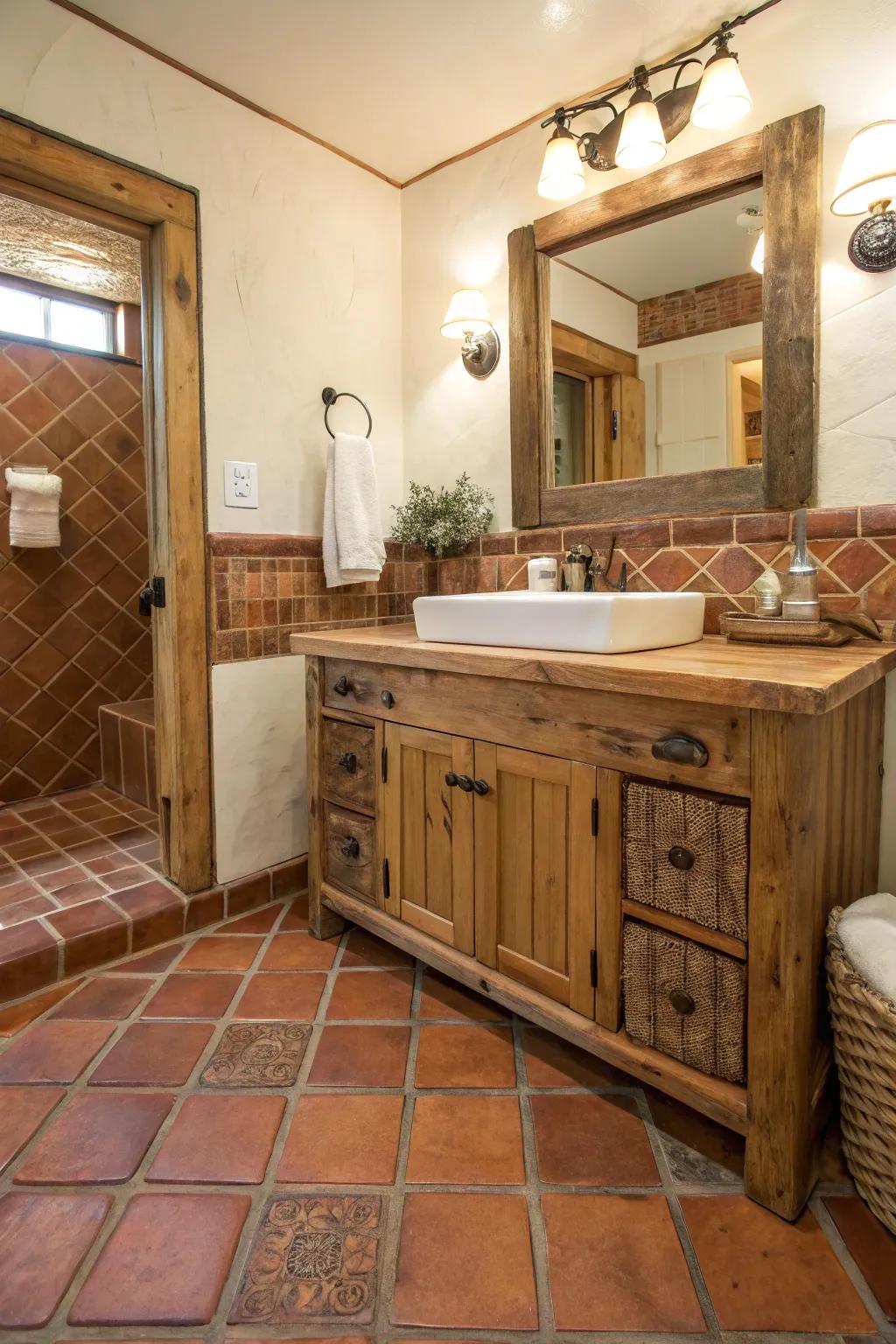 A harmonious bathroom featuring Saltillo tile flooring and a reclaimed wood vanity.