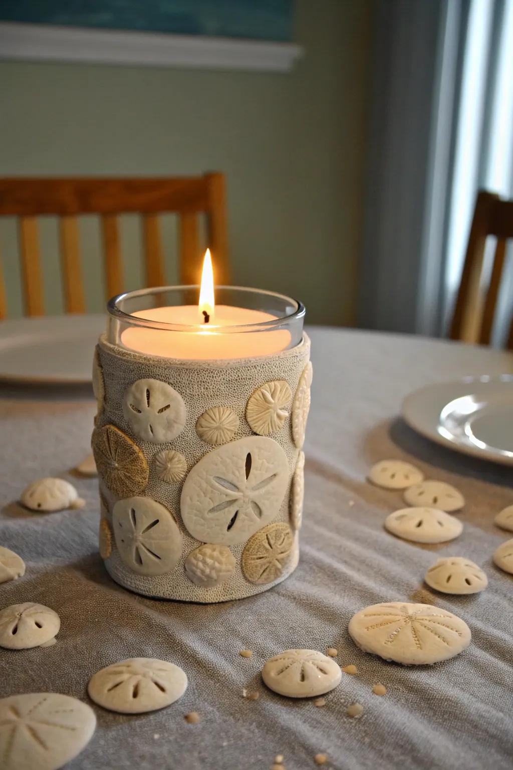 Create a warm, beachy atmosphere with sand dollar candle holders.