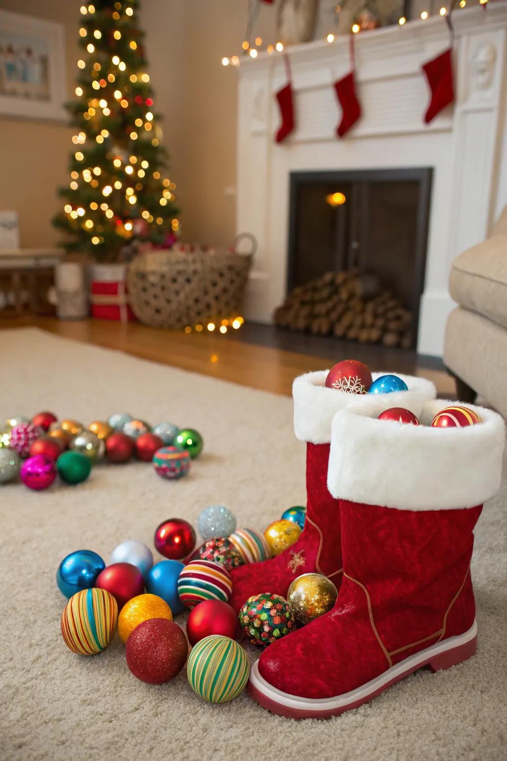 Add color and fun with Santa boots filled with baubles.