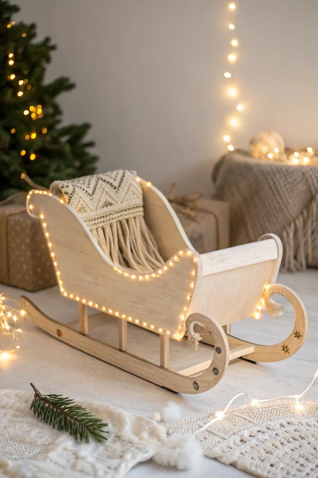 Illuminate your holiday decor with a minimalist Santa sleigh, elegantly glowing with LED lights for a touch of Scandinavian charm.