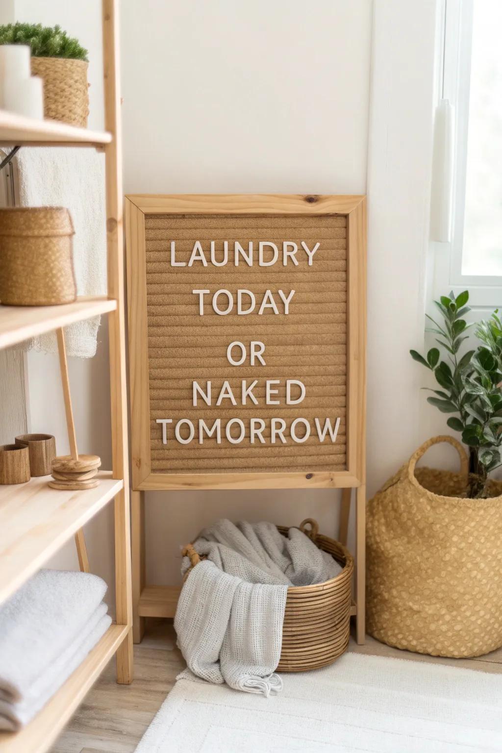 Add a touch of humor to your chores with a minimalist sign that speaks volumes. #LaundryHumor #ScandiBoho