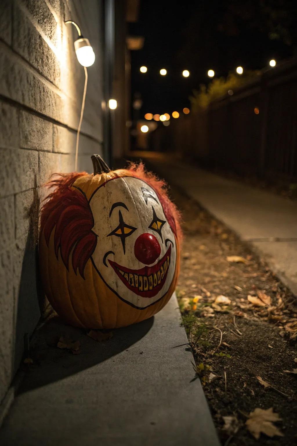 Creepy clown pumpkins add a touch of terror to your décor.