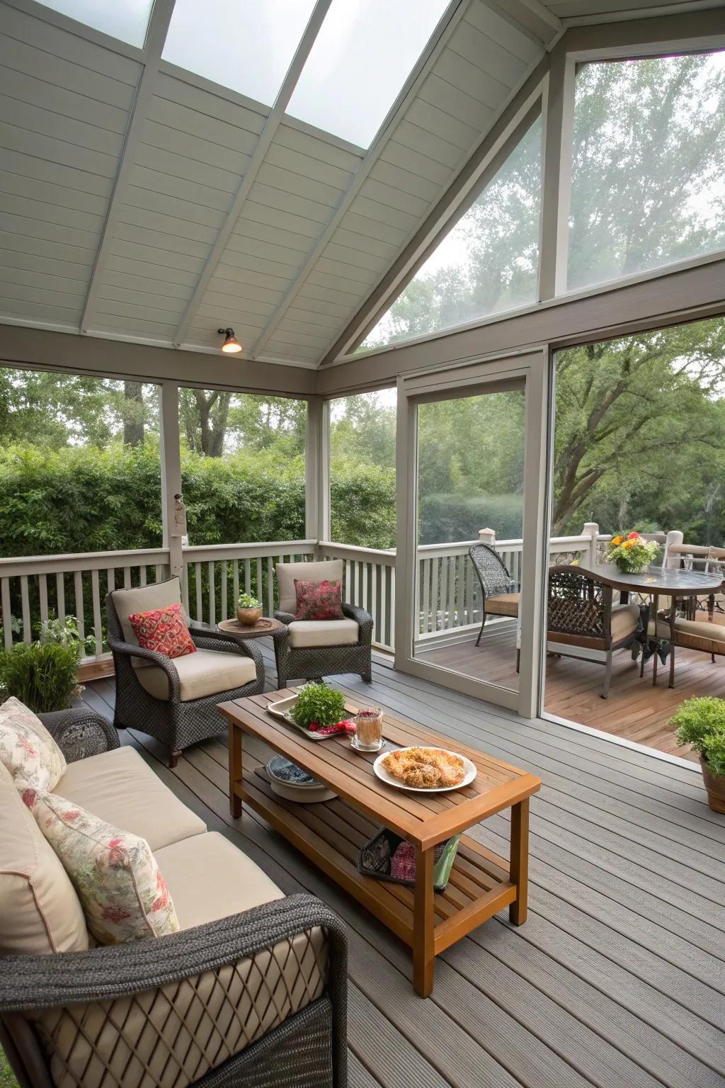 A smart furniture layout enhances the functionality of your screened porch.