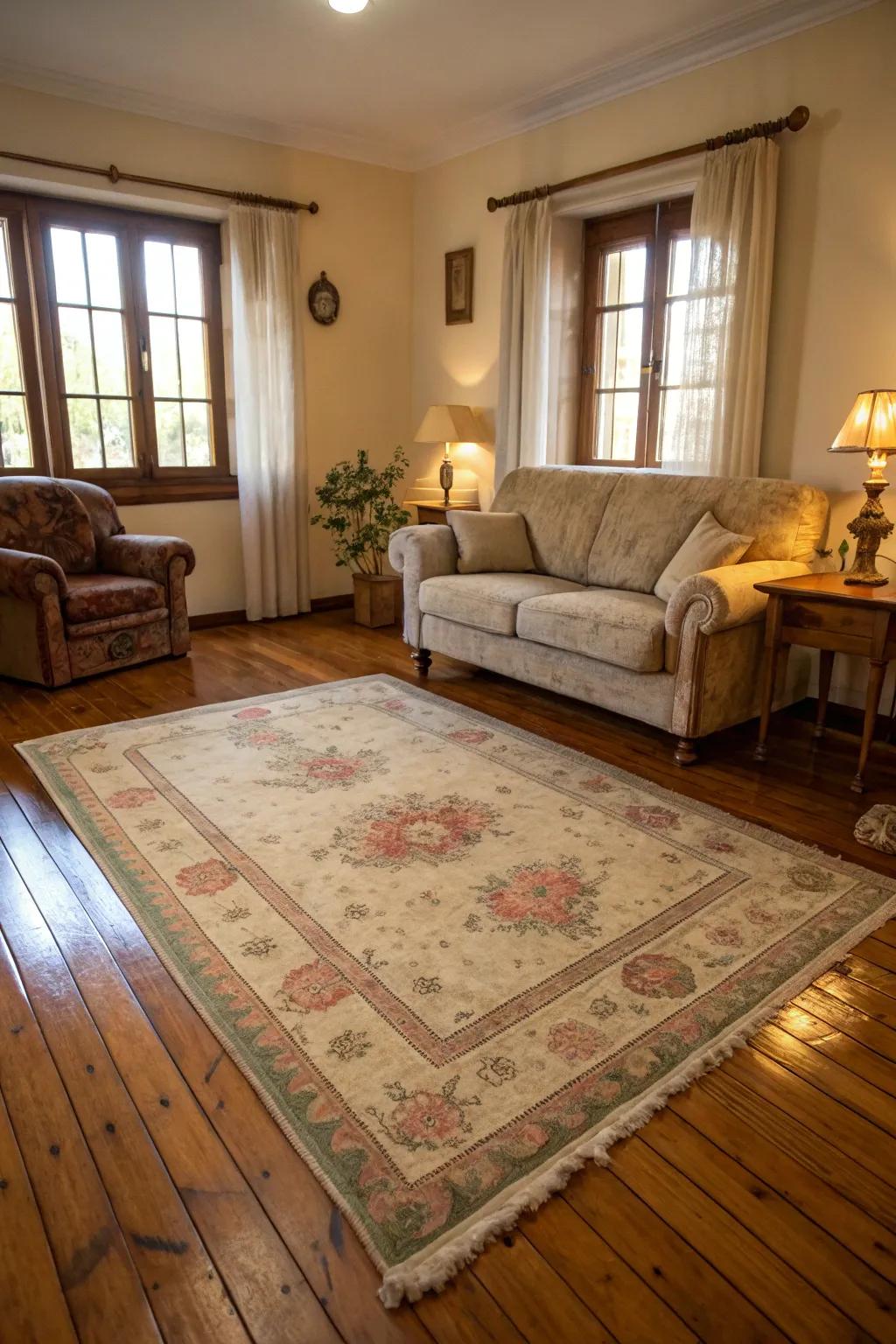 A vintage rug adds warmth and character to a shabby chic living room.