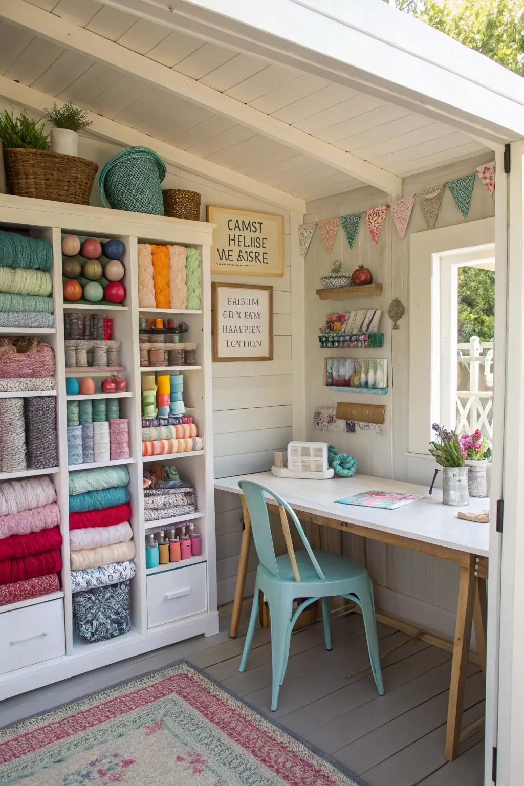 Designating zones for each type of craft keeps a she shed organized and efficient.