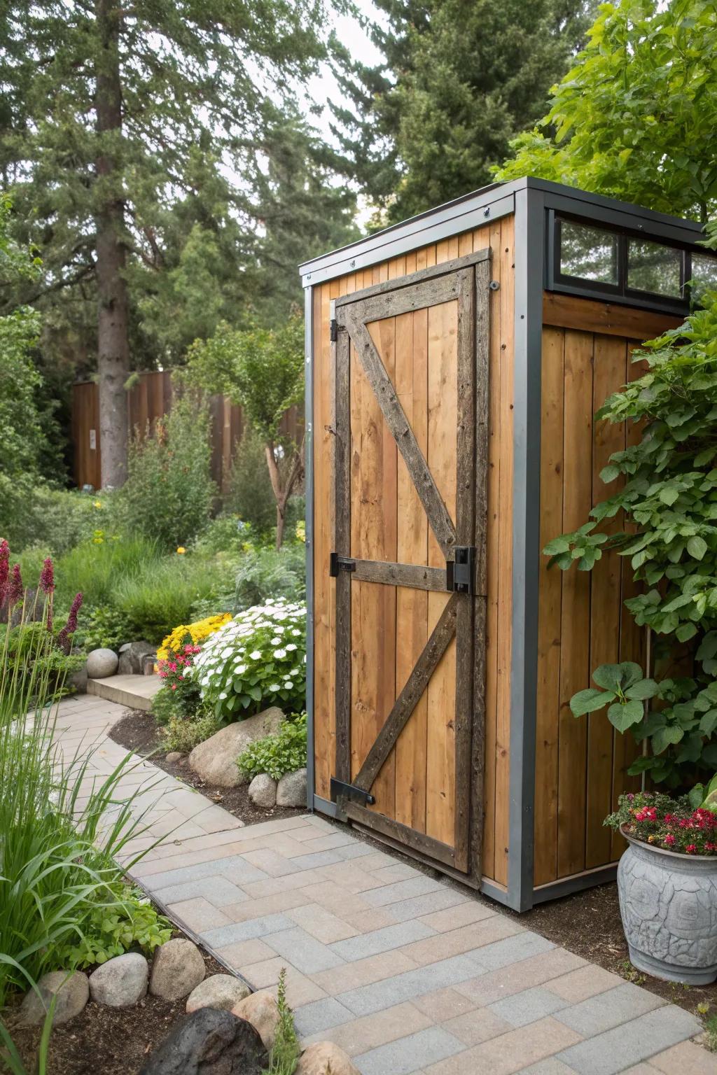 Contrasting materials create a dynamic and engaging shed door design.