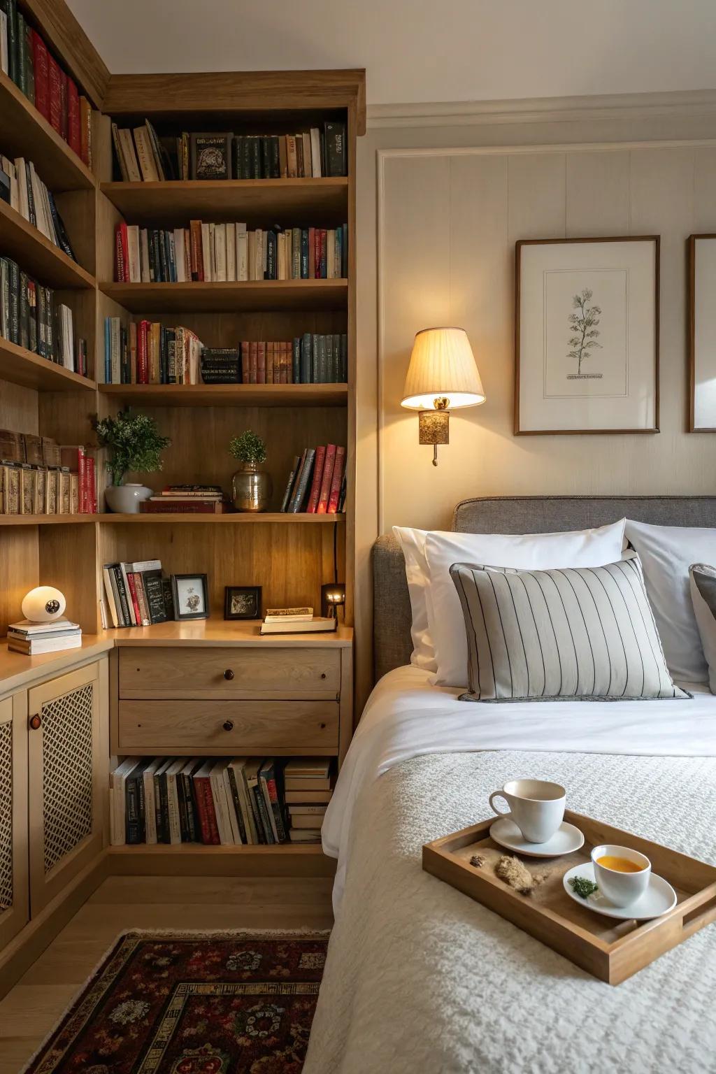 Shelves flanking a bed provide stylish and practical storage.