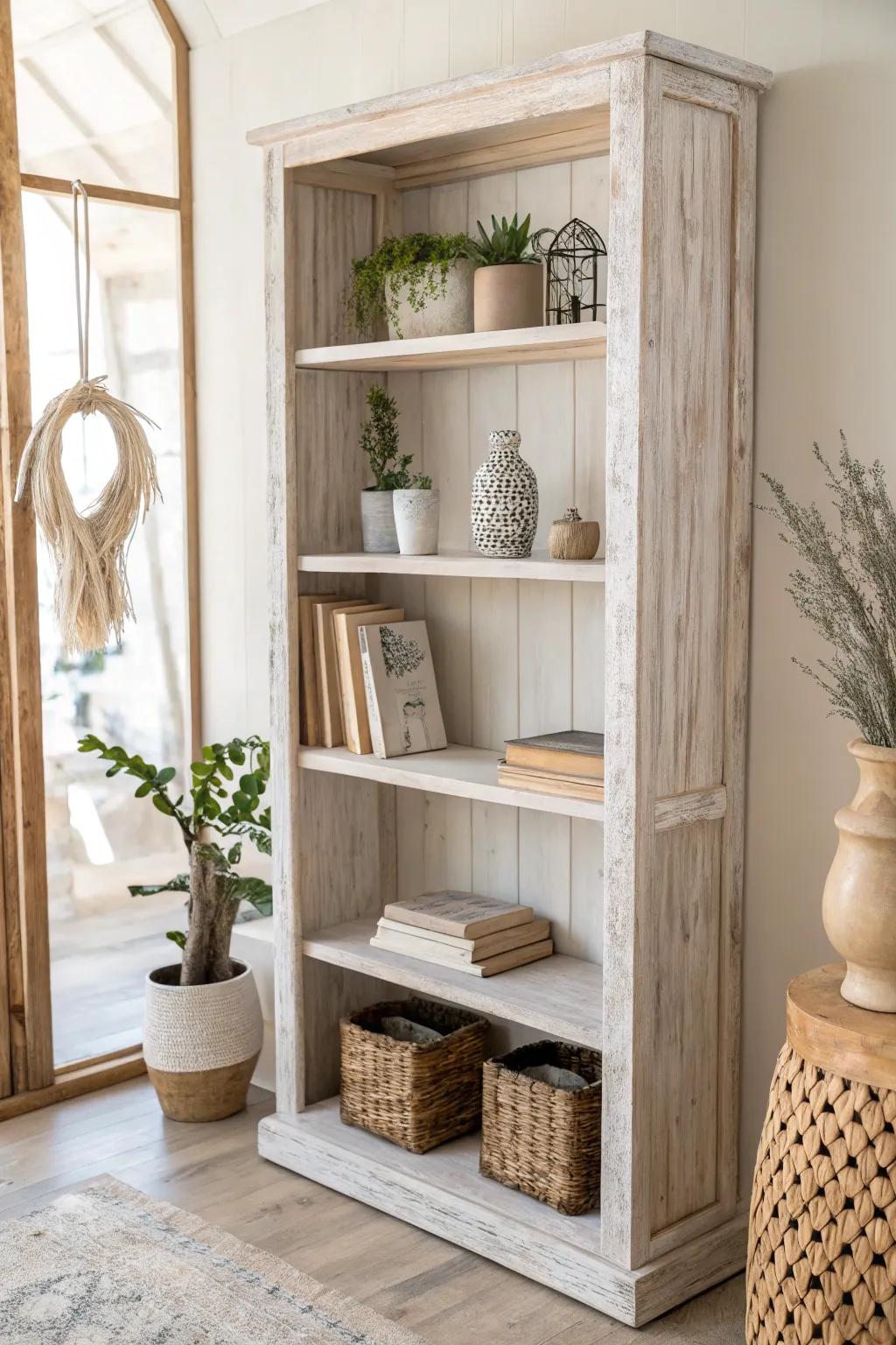 Transform your space with the timeless charm of a rustic whitewashed bookshelf.