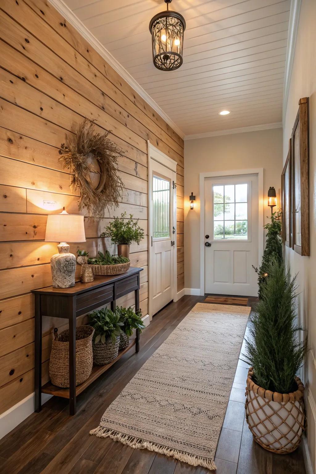 An entryway featuring a natural wood shiplap wall.