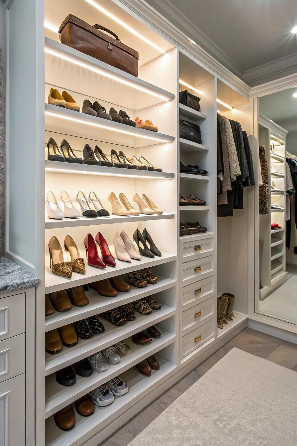 Custom shelves offer a personalized touch to shoe storage.