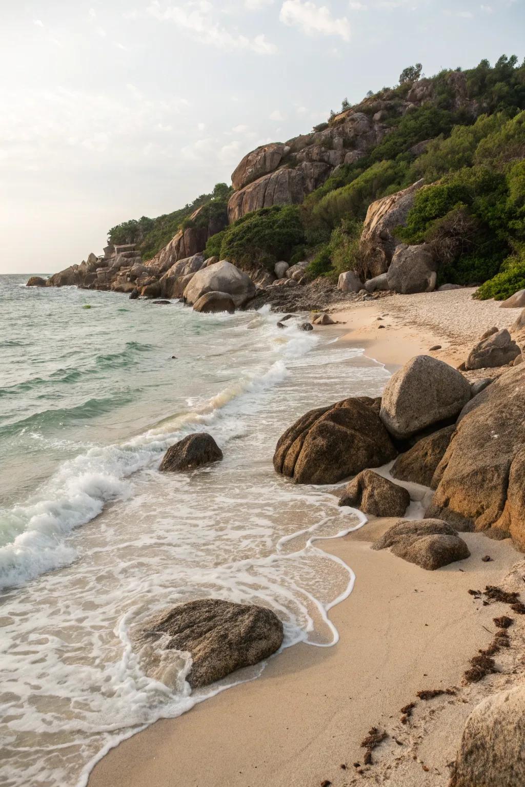 A charming sandy beach area framed by natural boulders, perfect for relaxation.