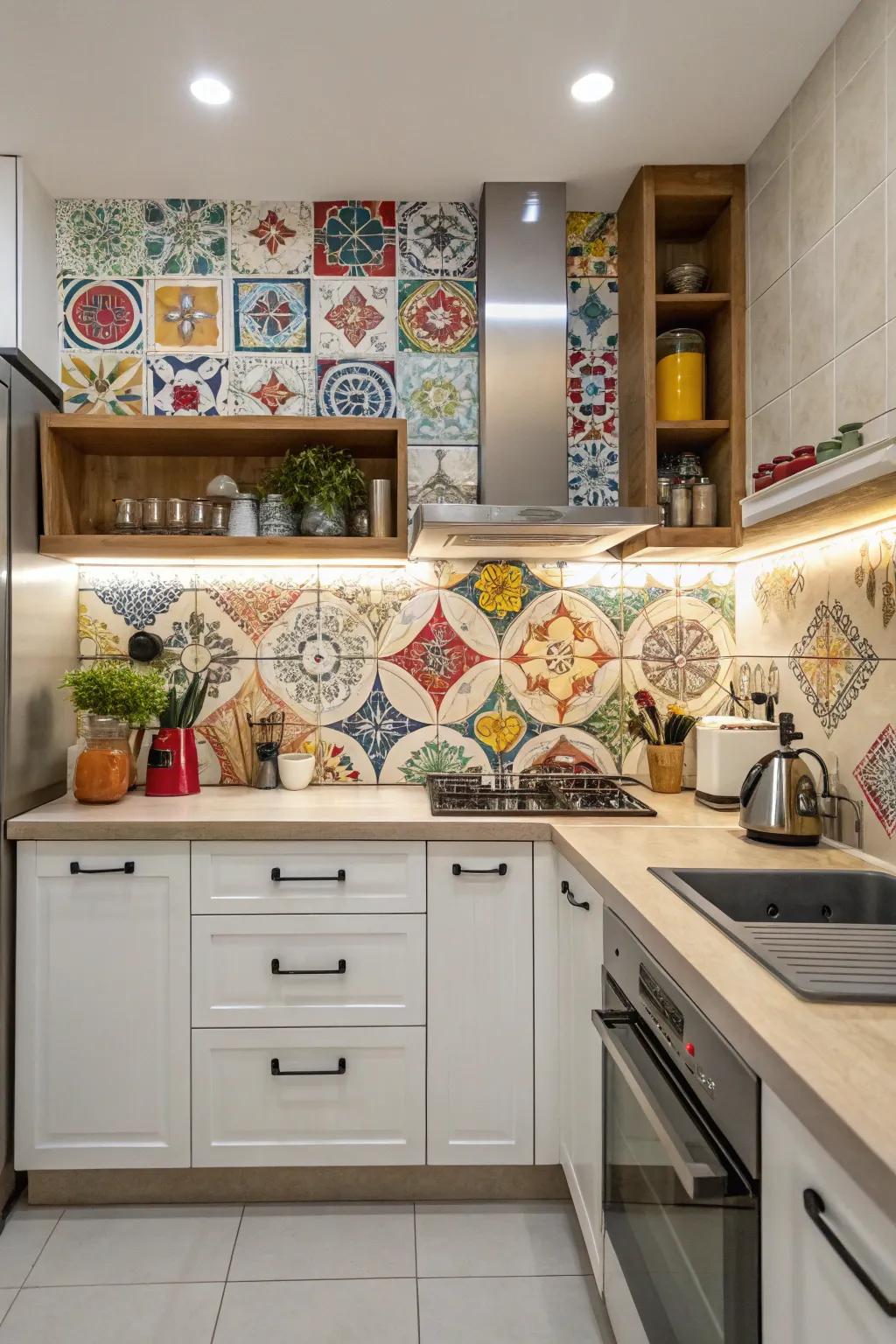 Patterned tiles create a vibrant focal point in this eclectic kitchen.