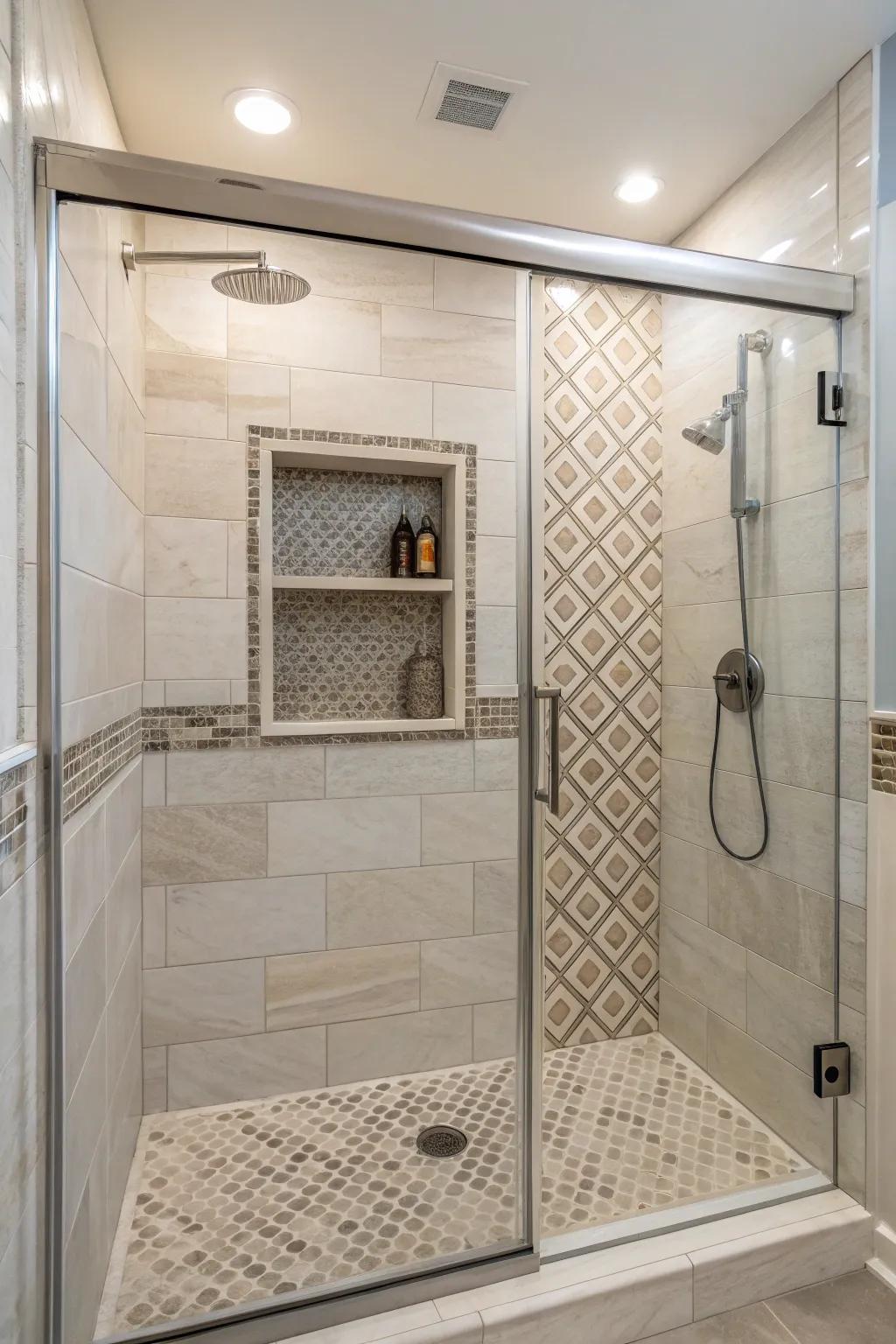 Textured tiles create a subtle and sophisticated shower niche.