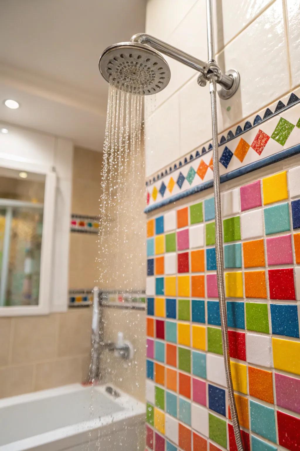 Colorful accents infuse personality and vibrancy into shower borders.