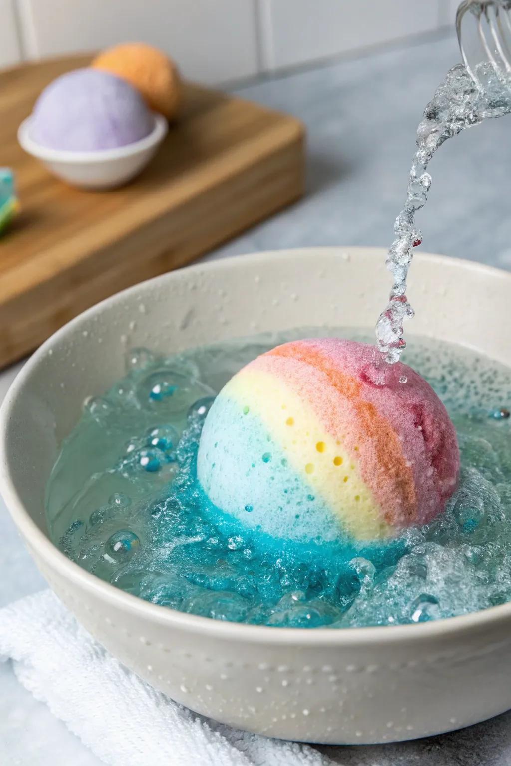 A bath bomb fizzing to reveal the gender surprise.