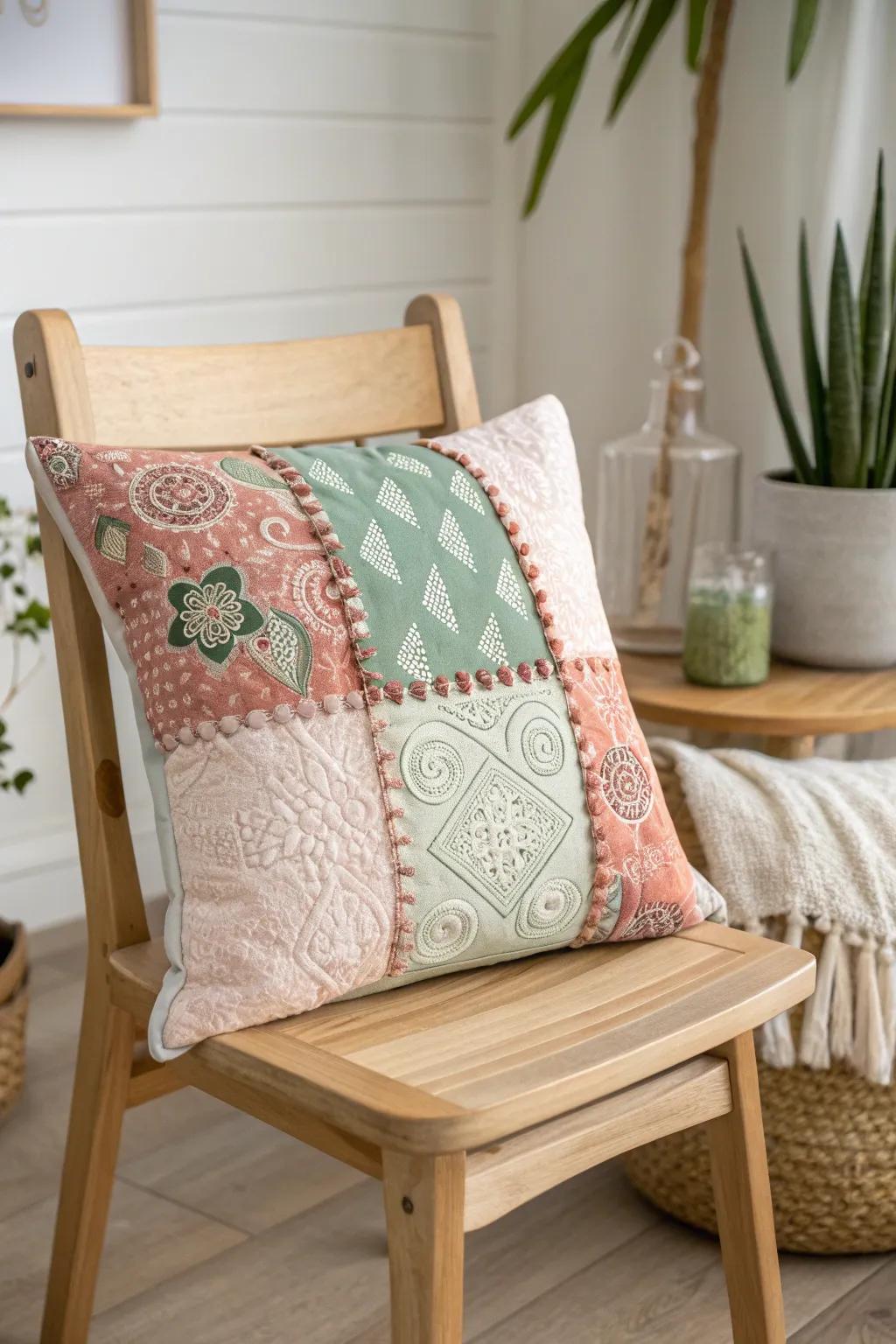 Embrace boho vibes with a touch of Scandinavian simplicity. This patchwork cushion is your invitation to cozy creativity.