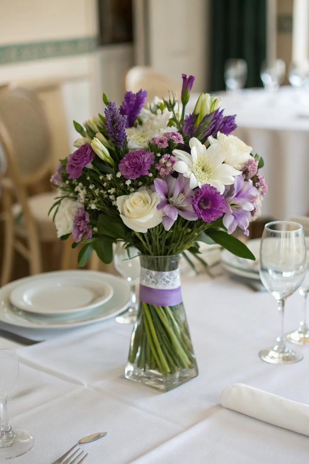 Purple and white flowers create a classic and balanced centerpiece.