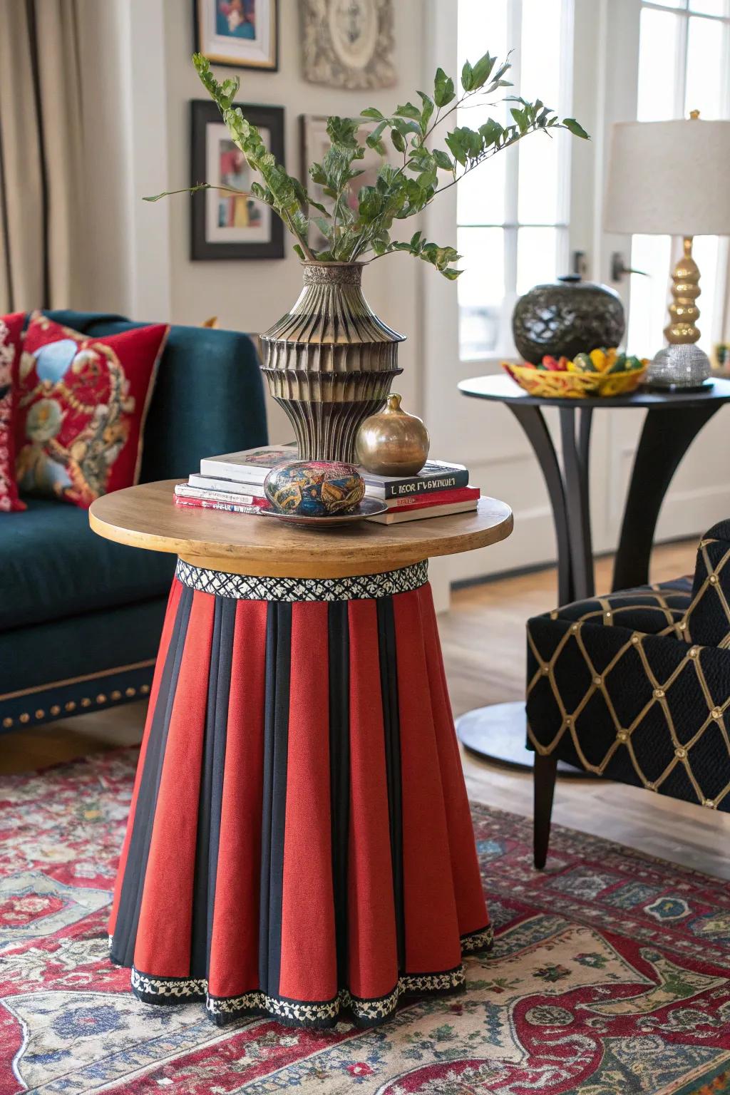 A bold-colored skirted side table, injecting energy and drama into a dynamic living room.