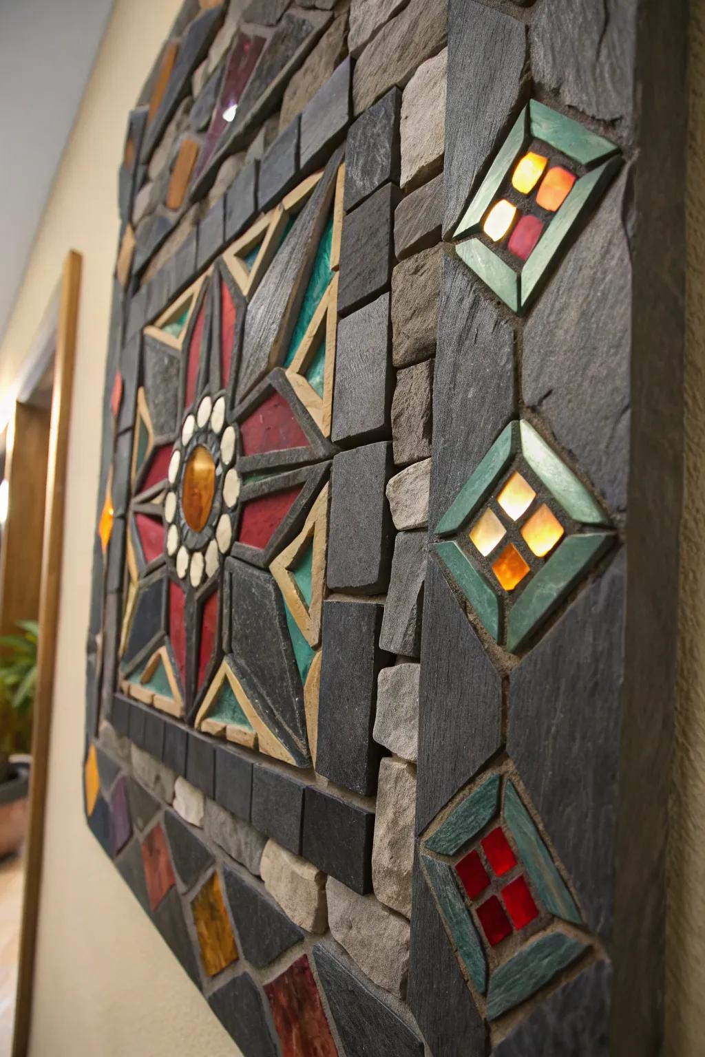 Craftsmanship meets bold design in this stunning slate mosaic art piece.