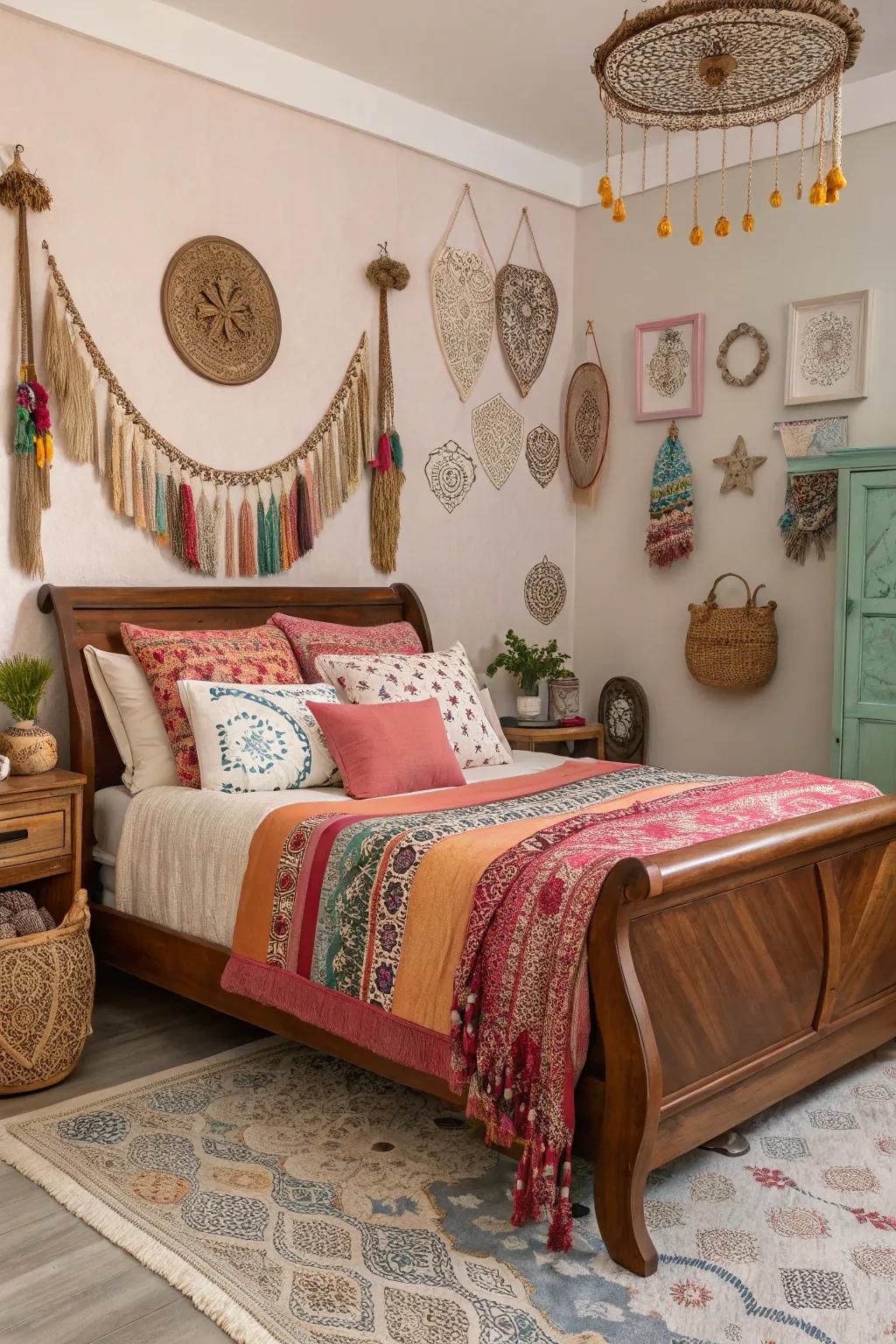 Bohemian touches bring color and life to this sleigh bed.