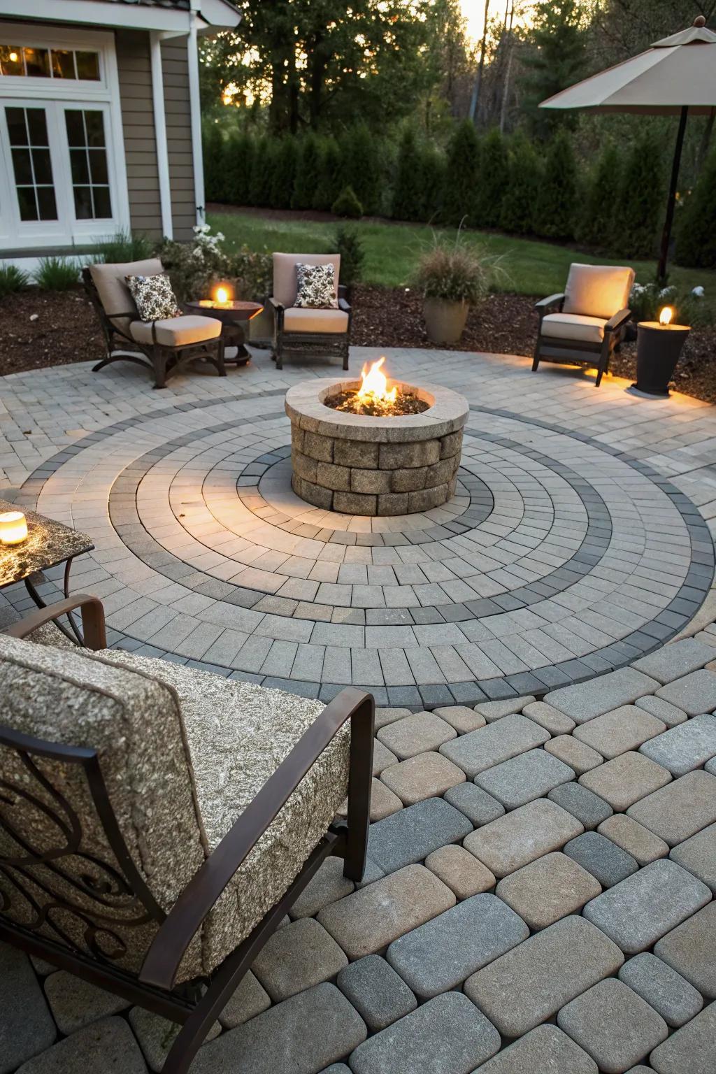 Circular paver patterns create a captivating focal point in this inviting patio.