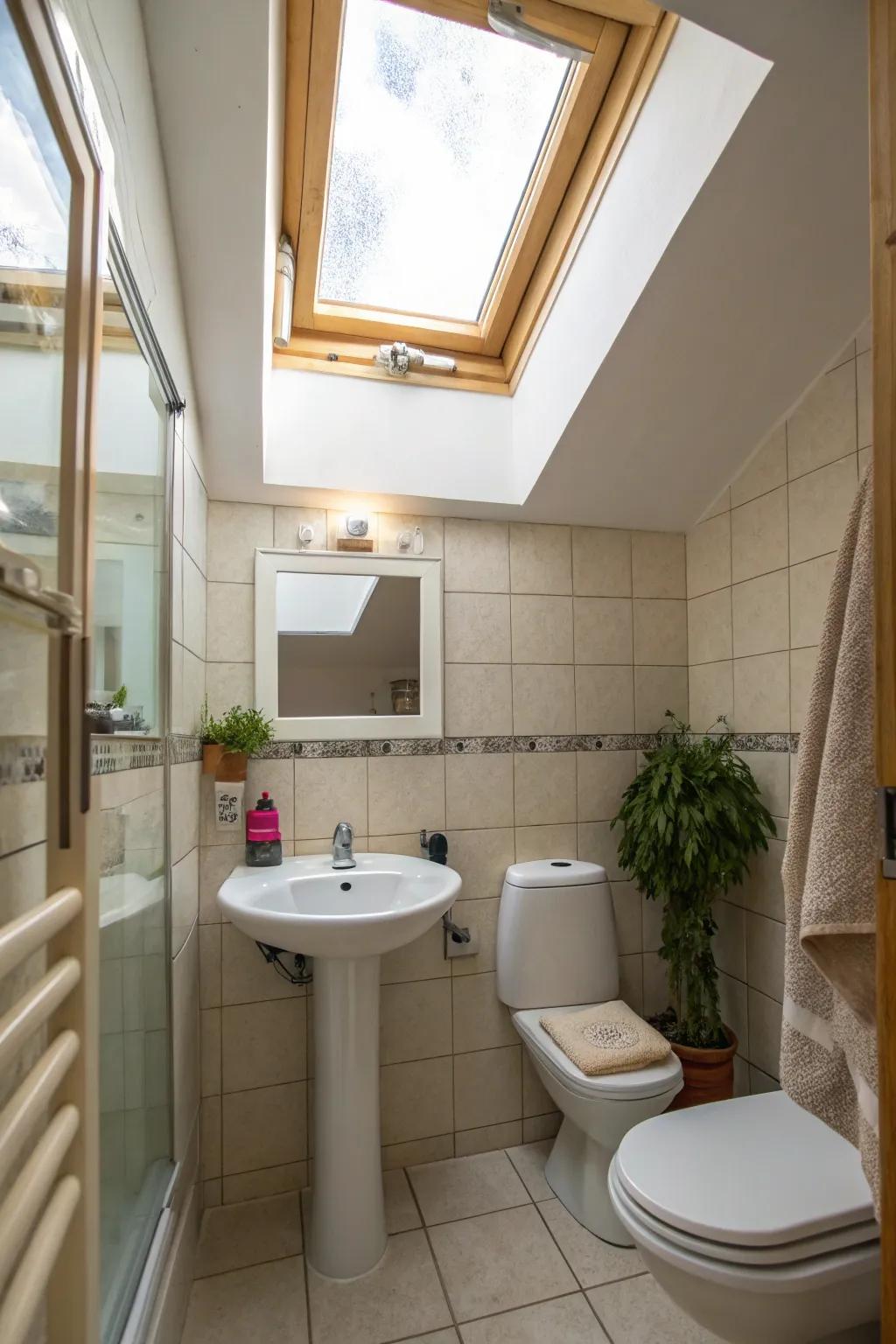 A skylight brightens and expands the visual space in a small bathroom.