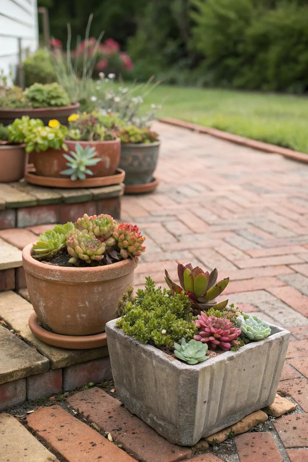 A brick patio with containers of succulents.