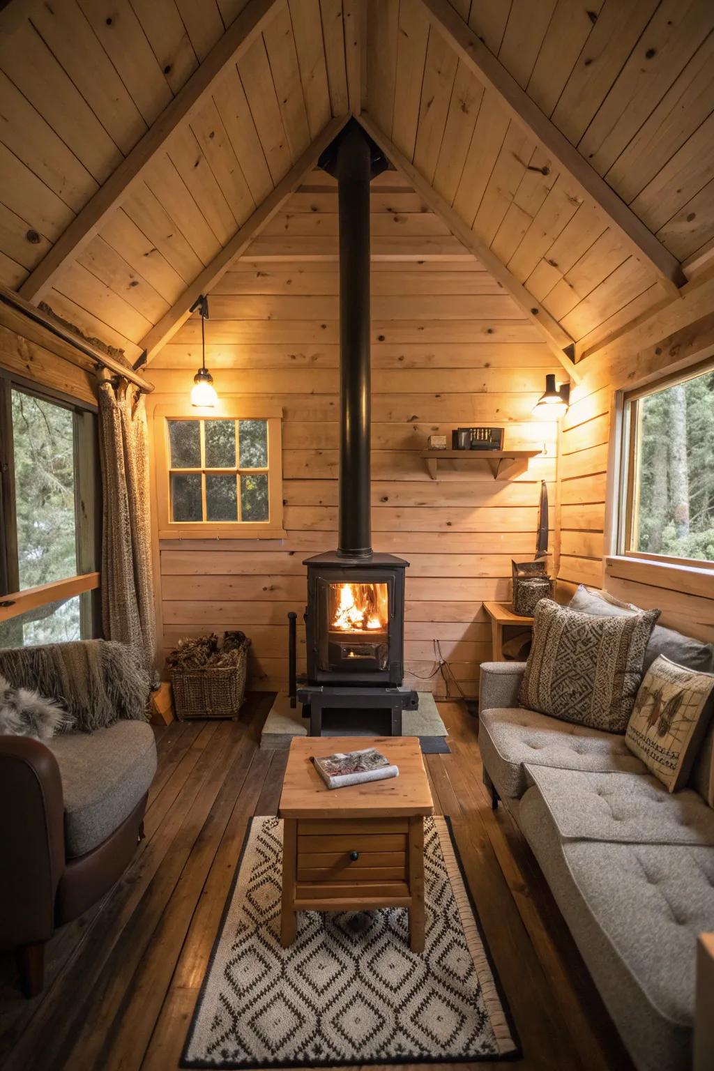 A wood-burning stove adds warmth and charm to any cabin.