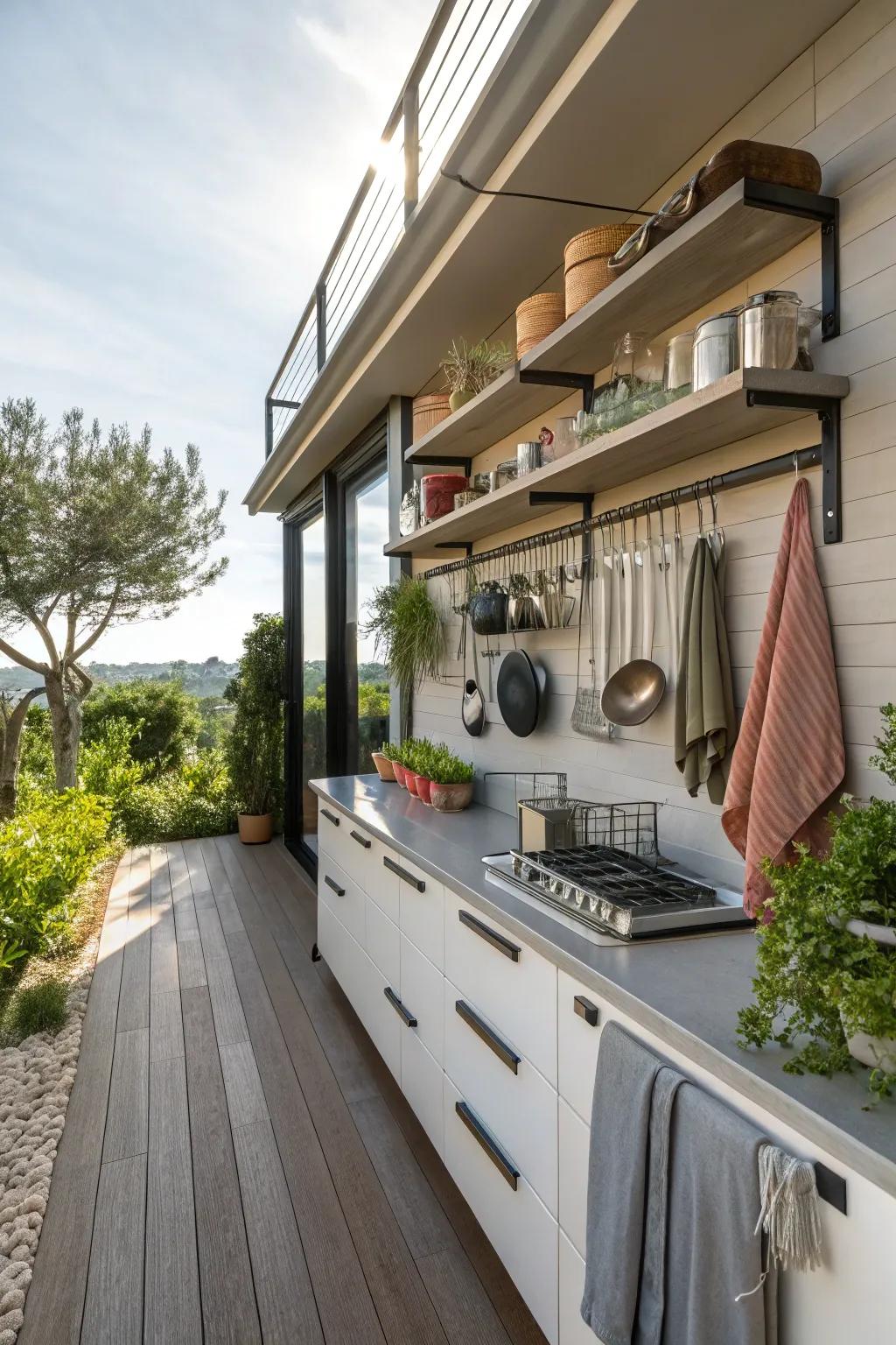 Vertical storage maximizes functionality in small kitchens.