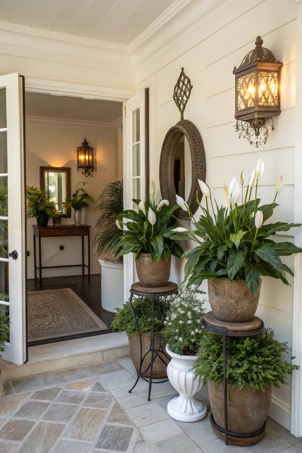 A lush entryway sets a welcoming tone.