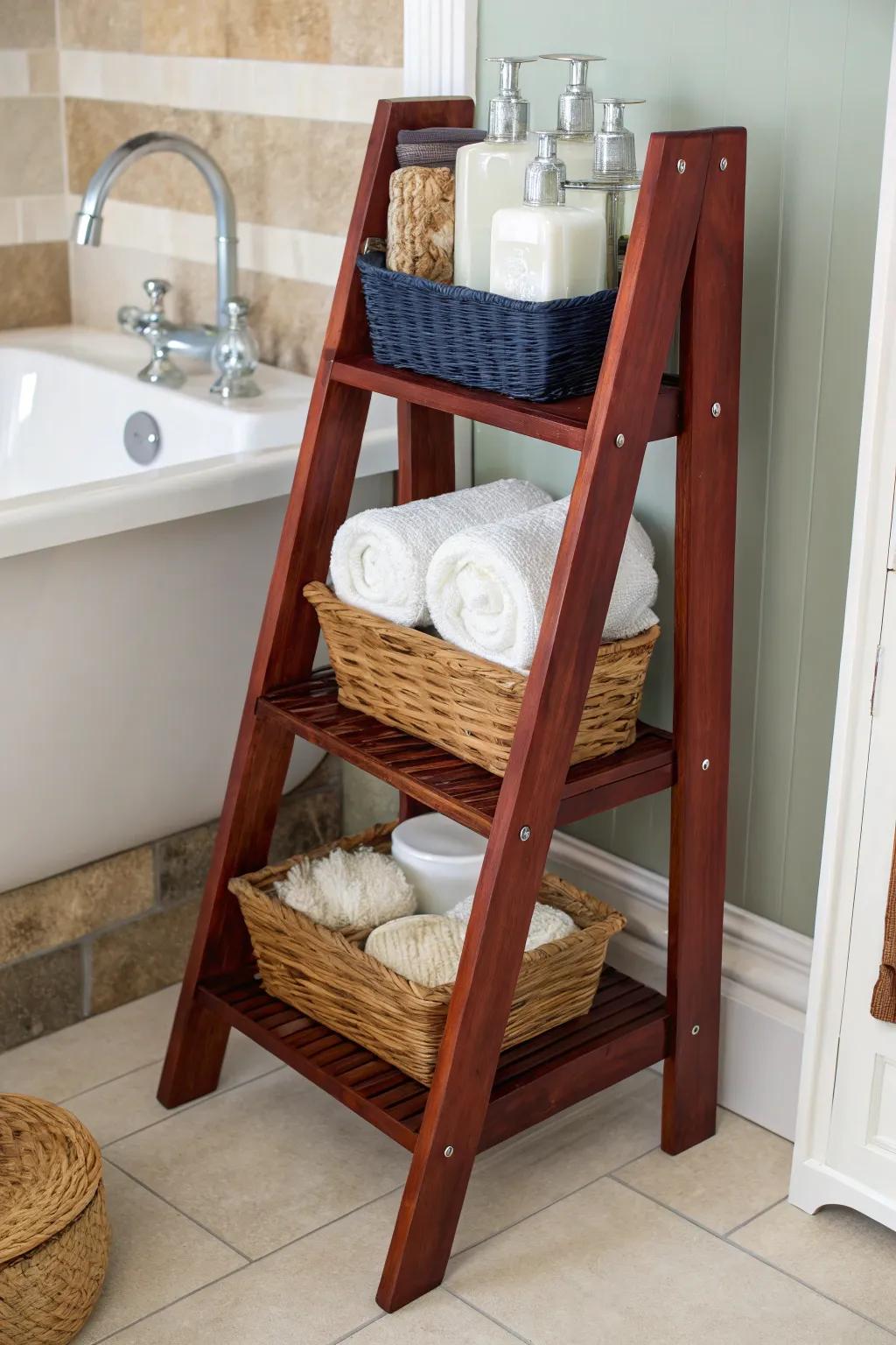 Elevate your bathroom with a handcrafted ladder storage solution. Perfect blend of style and functionality!