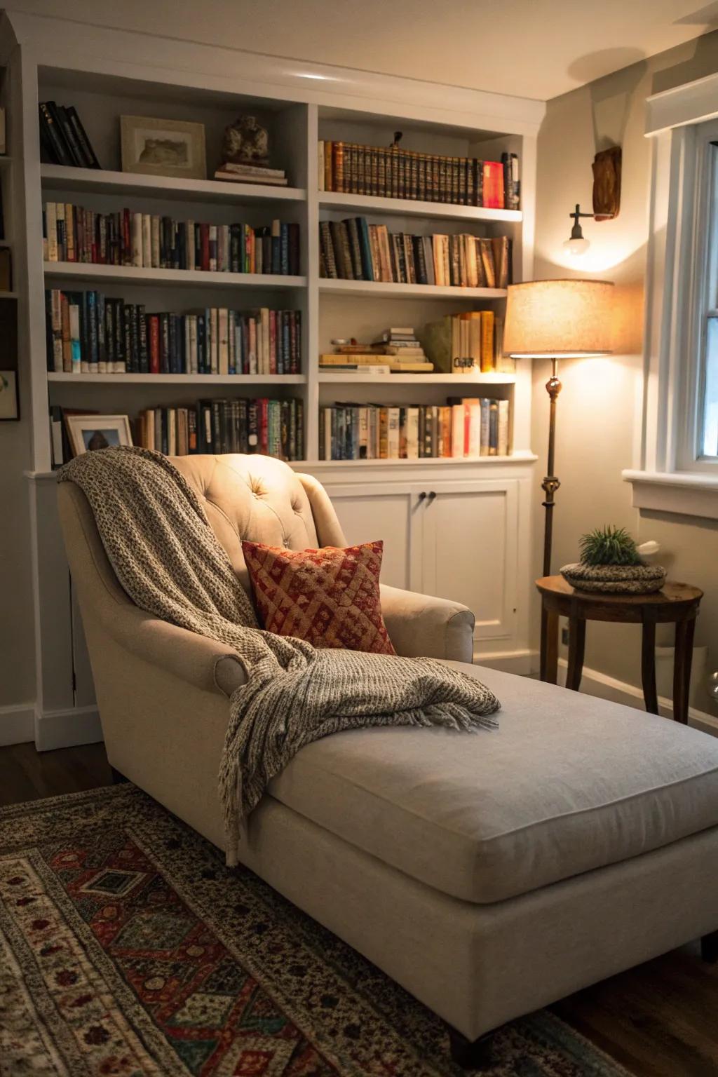 A personal library feel with a chaise lounge nestled in front of bookshelves.