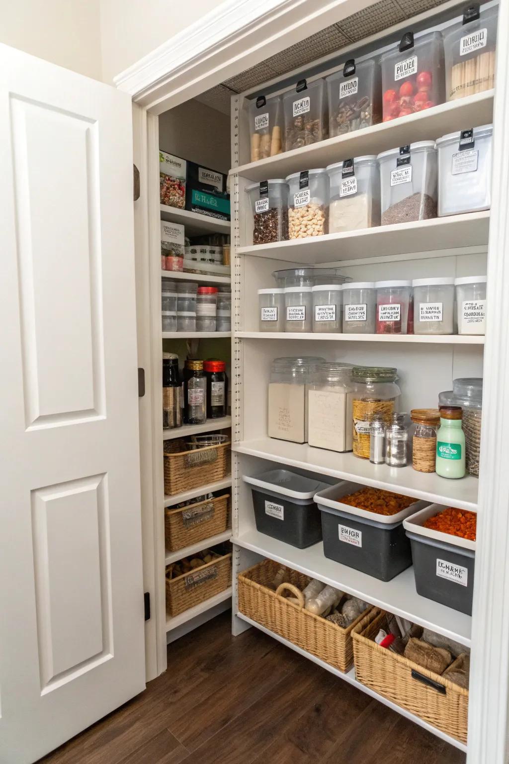 Repurposing a closet can provide additional pantry storage.