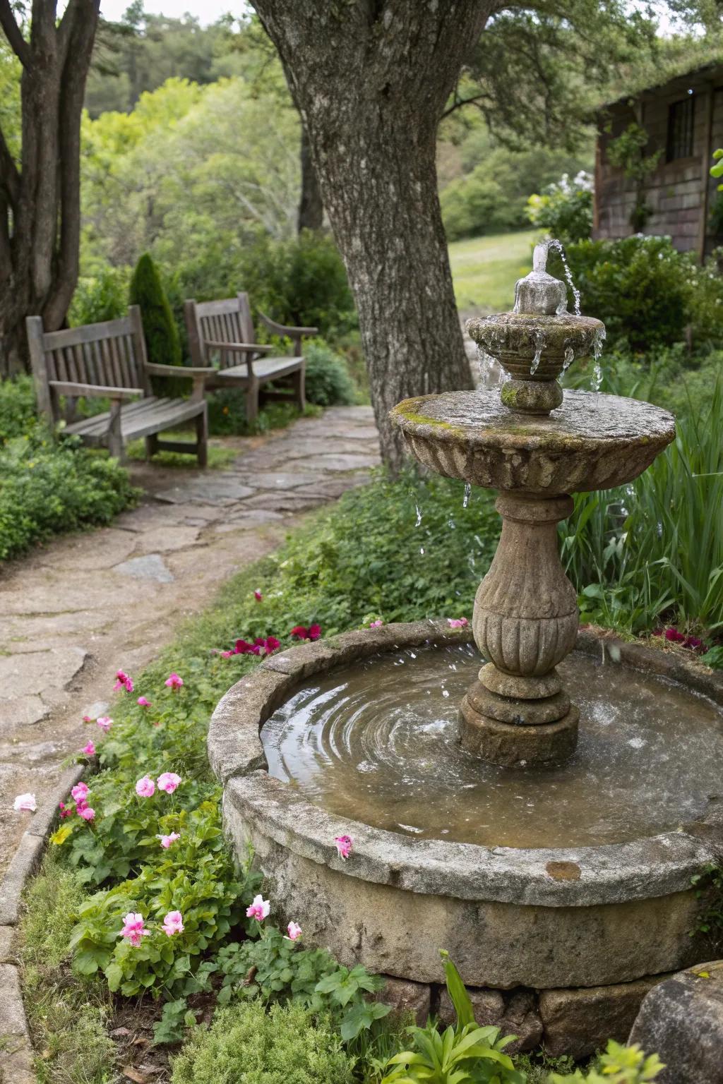 A concrete millstone fountain fits perfectly in rustic settings.