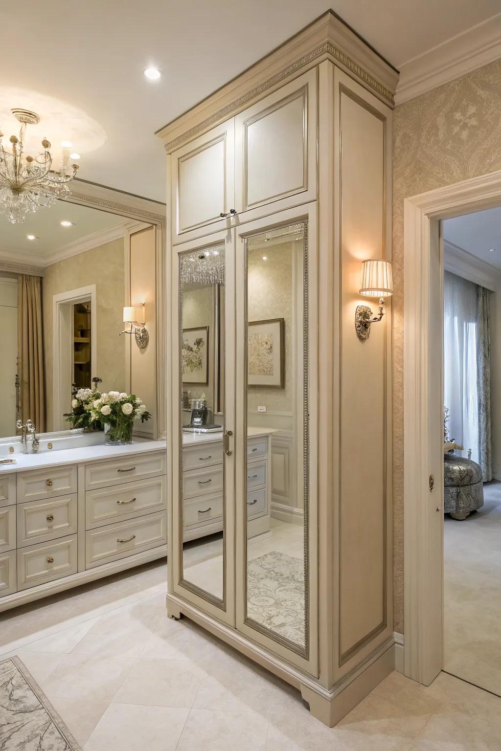 Vertical storage solutions maximize functionality in small powder rooms.