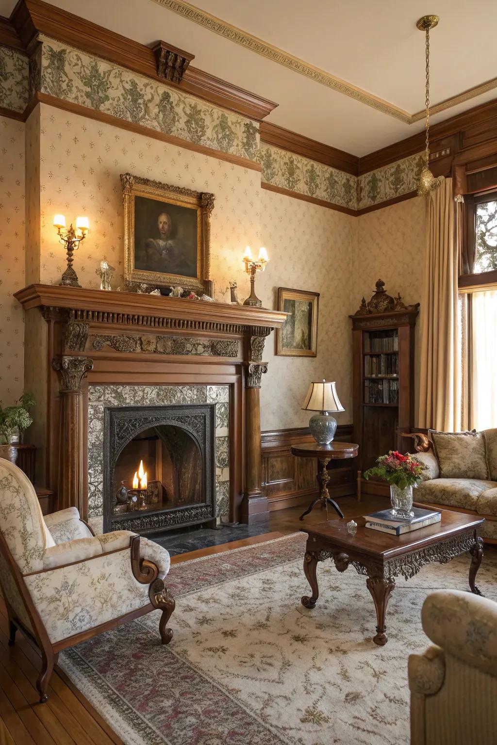 An ornate fireplace serves as a majestic focal point.